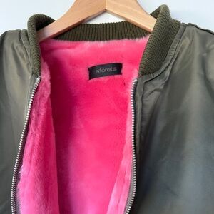 Women’s Olive Green Pink Faux Fur Lined Bomber Jacket | Sz M